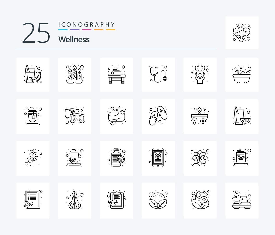 welzijn 25 lijn icoon pak inclusief oefening. geneesmiddel. dienblad. ziekenhuis. spa vector