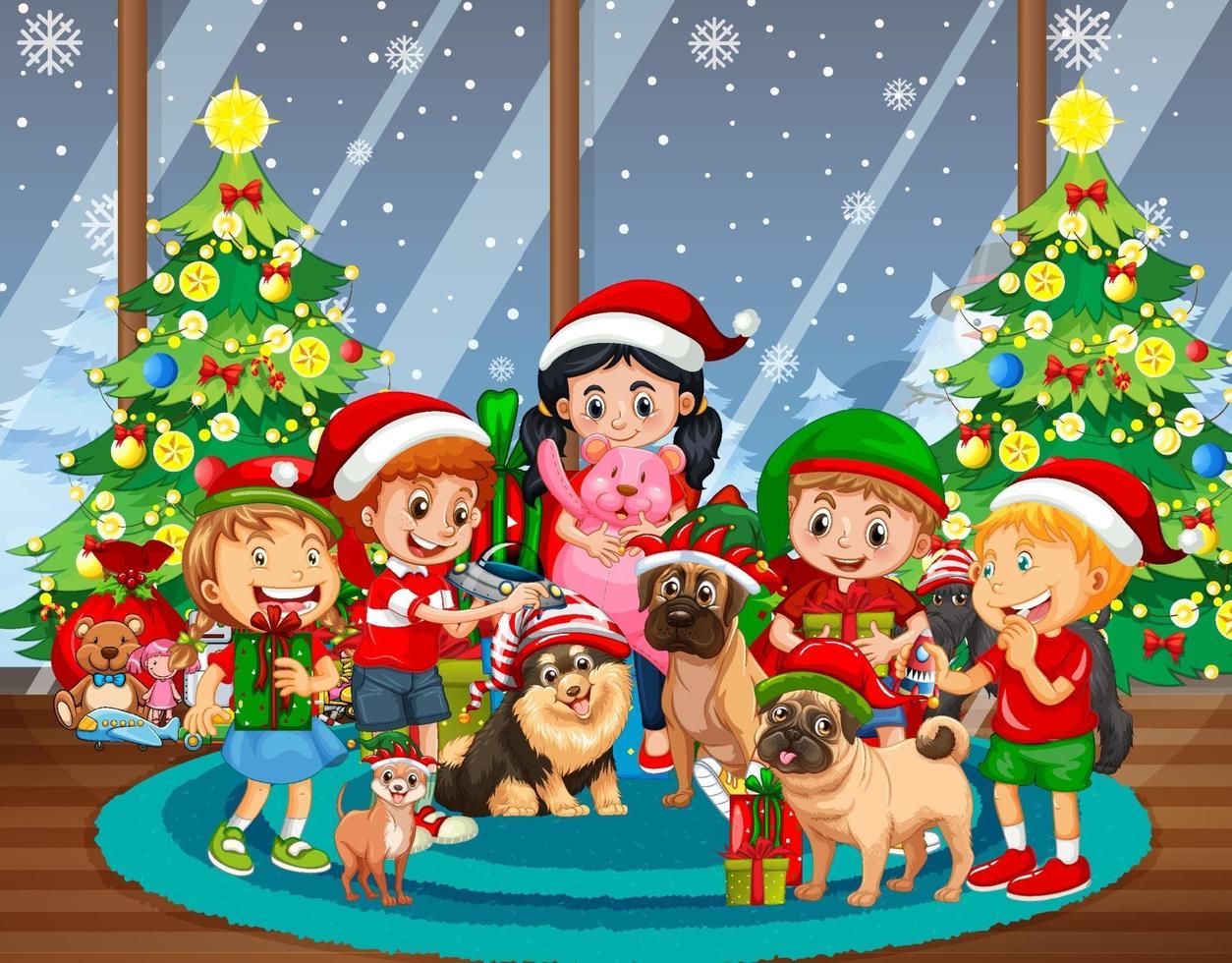 kerst binnenscène met veel kinderen en schattige honden vector