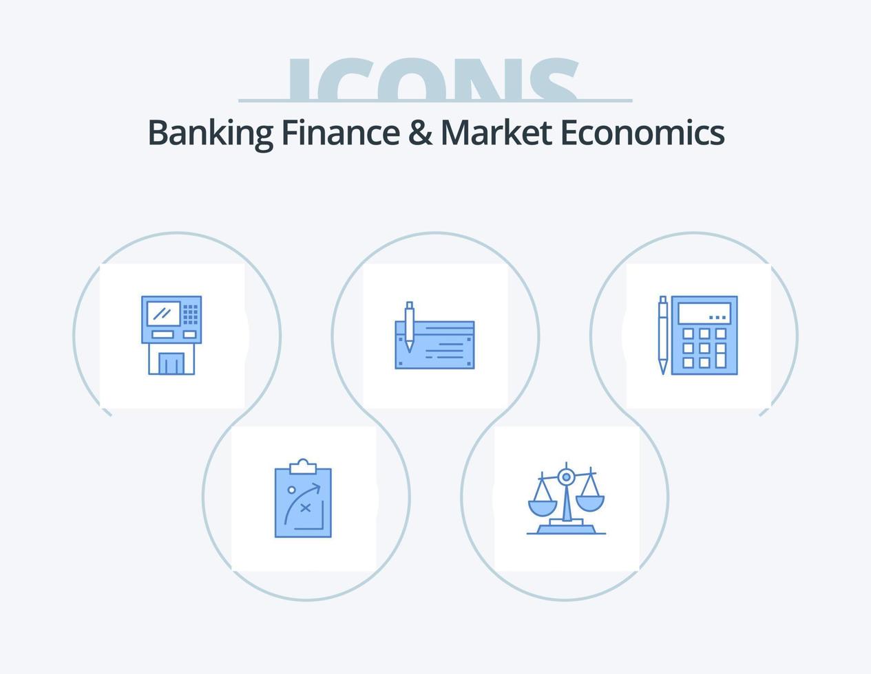 bank financiën en markt economie blauw icoon pak 5 icoon ontwerp. contant geld. Geldautomaat. rechtbank. schubben. wettelijk vector