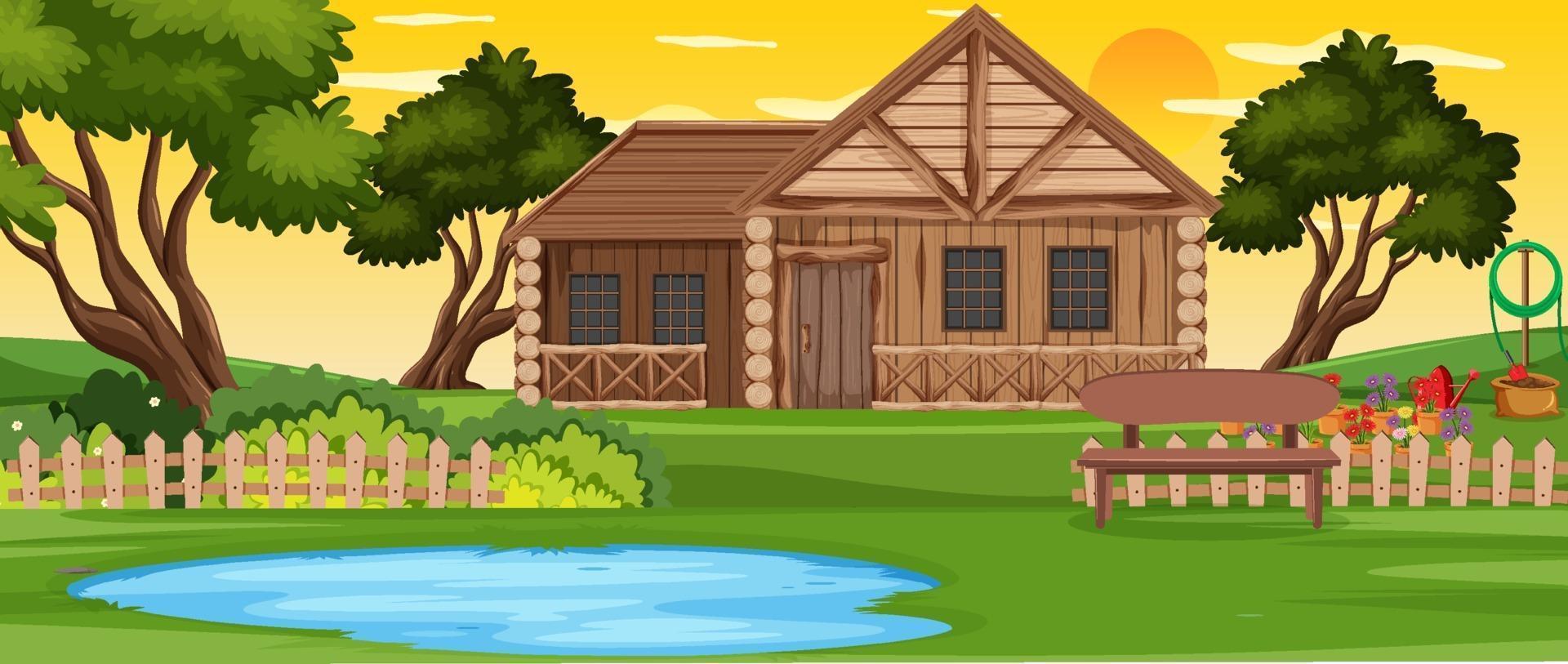 landelijk houten huis buiten landschap vector