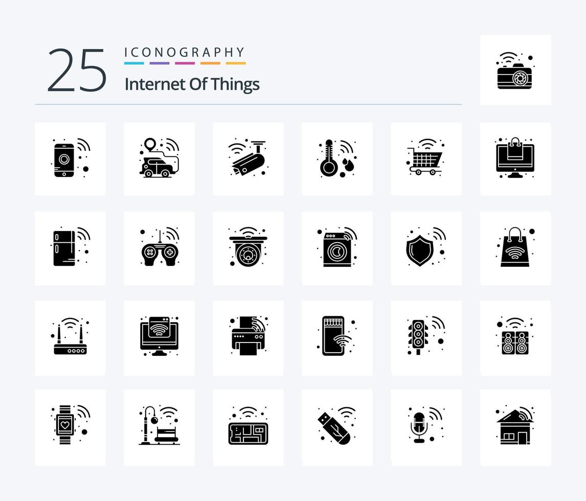 internet van dingen 25 solide glyph icoon pak inclusief winkelen. het weer. camera. thermometer. gezondheidszorg vector