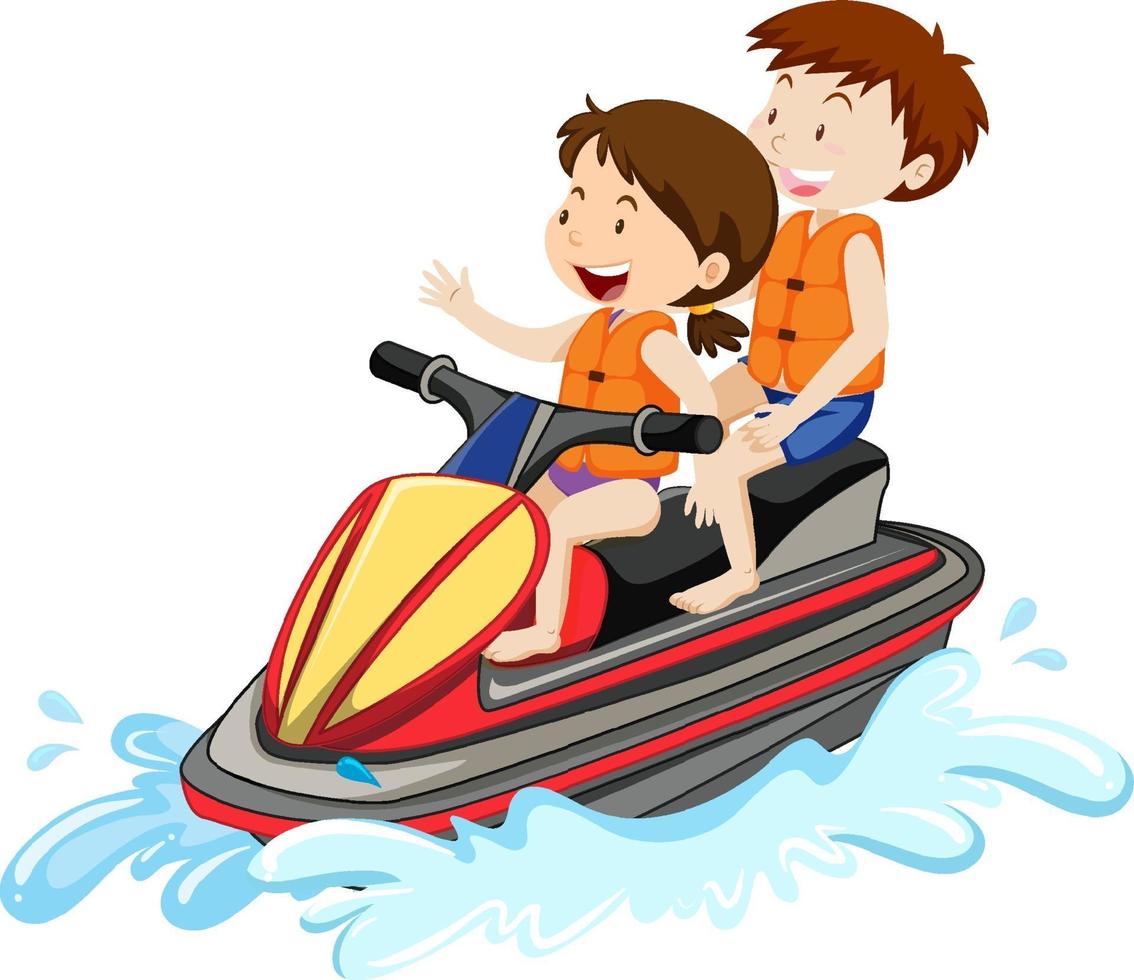 kinderen besturen van een jetski geïsoleerd op een witte achtergrond vector