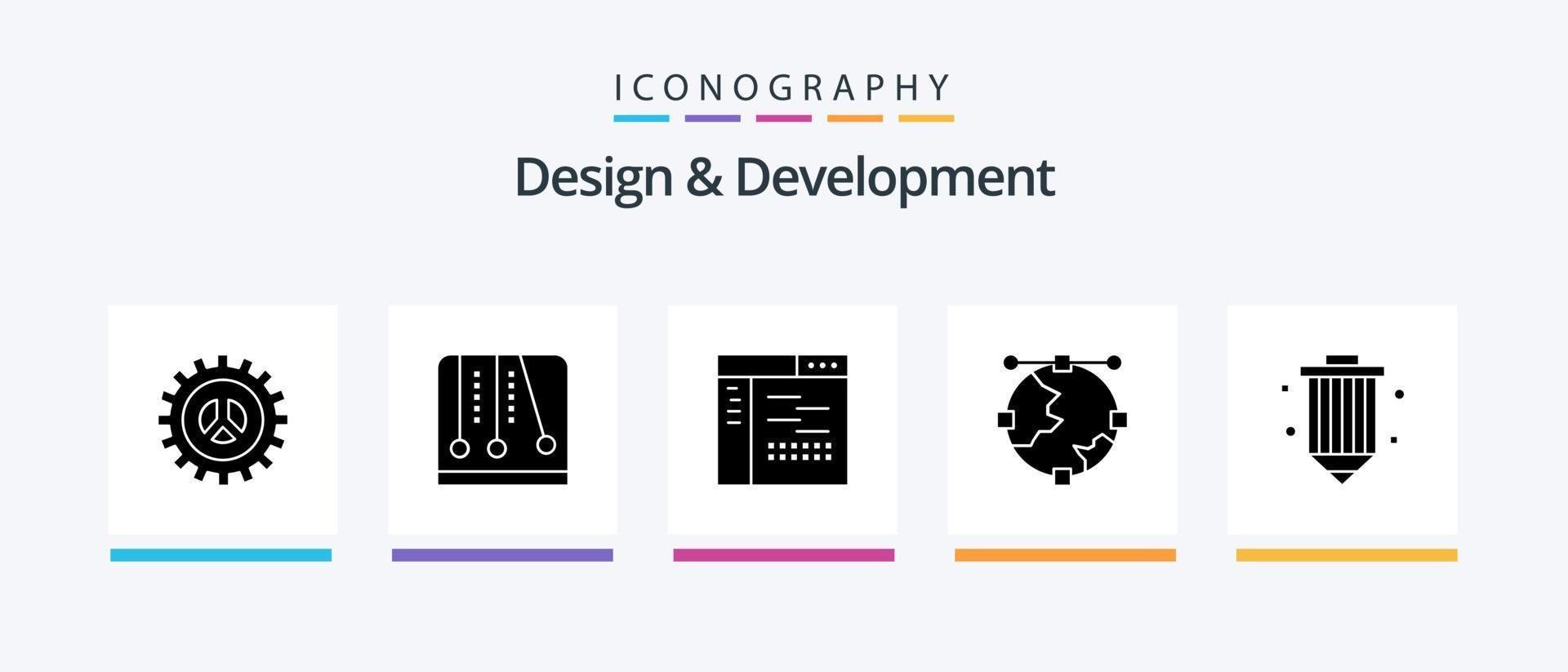 ontwerp en ontwikkeling glyph 5 icoon pak inclusief wereldbol. ontwerp. video spel. anker. bladzijde. creatief pictogrammen ontwerp vector