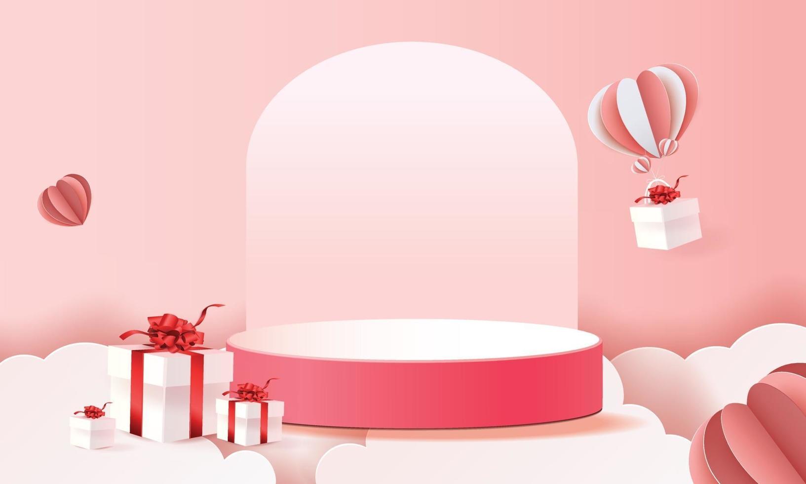3d papier kunstpodium in wolken voor Valentijnsdag met hartjes en geschenken vector
