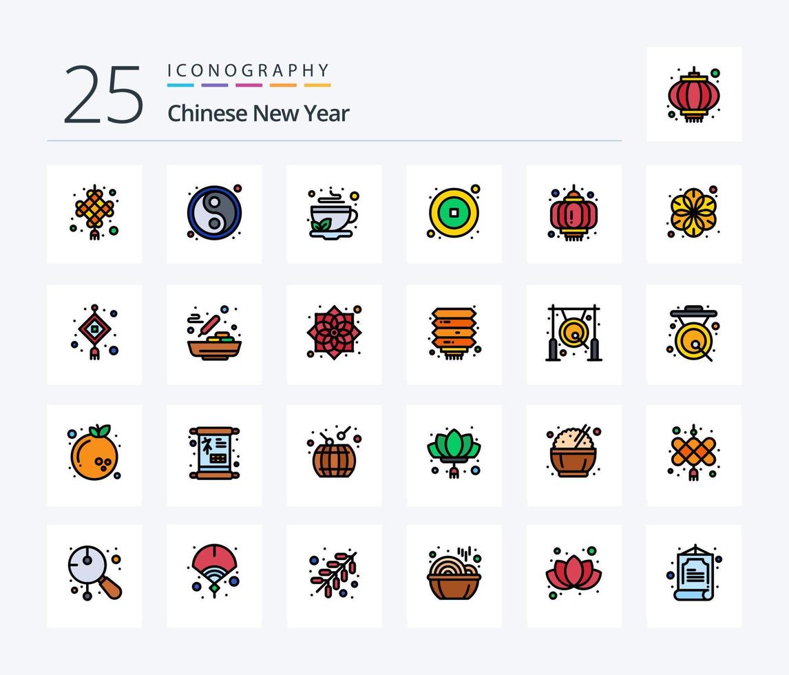 Chinese nieuw jaar 25 lijn gevulde icoon pak inclusief jaar. Chinese. yin yang. munt. nieuw vector