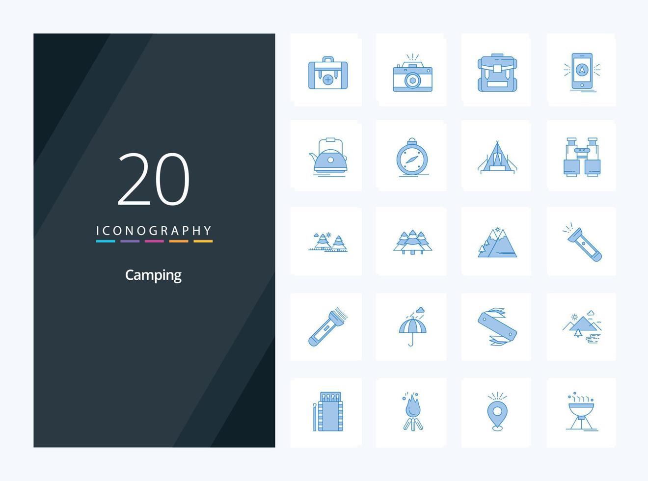 20 camping blauw kleur icoon voor presentatie vector