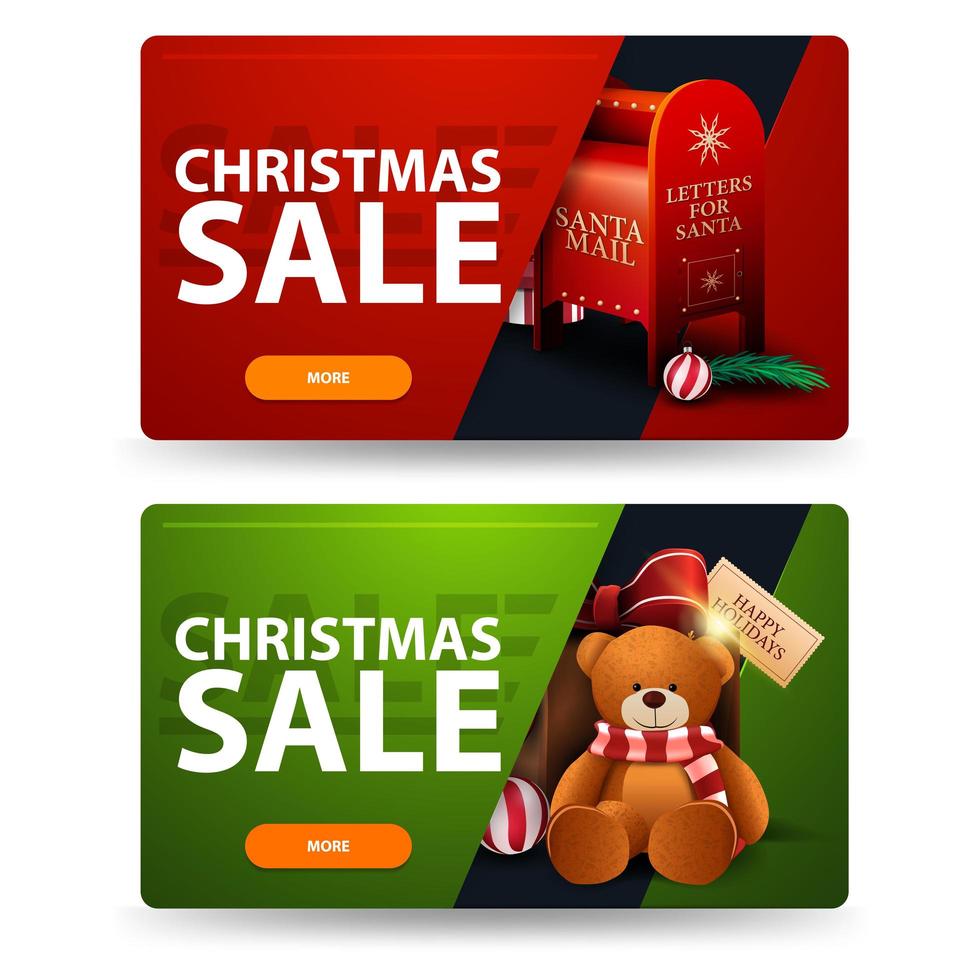 rode en groene kerstkortingsbanners met knoppen, kerstman brievenbus en cadeau met teddybeer vector