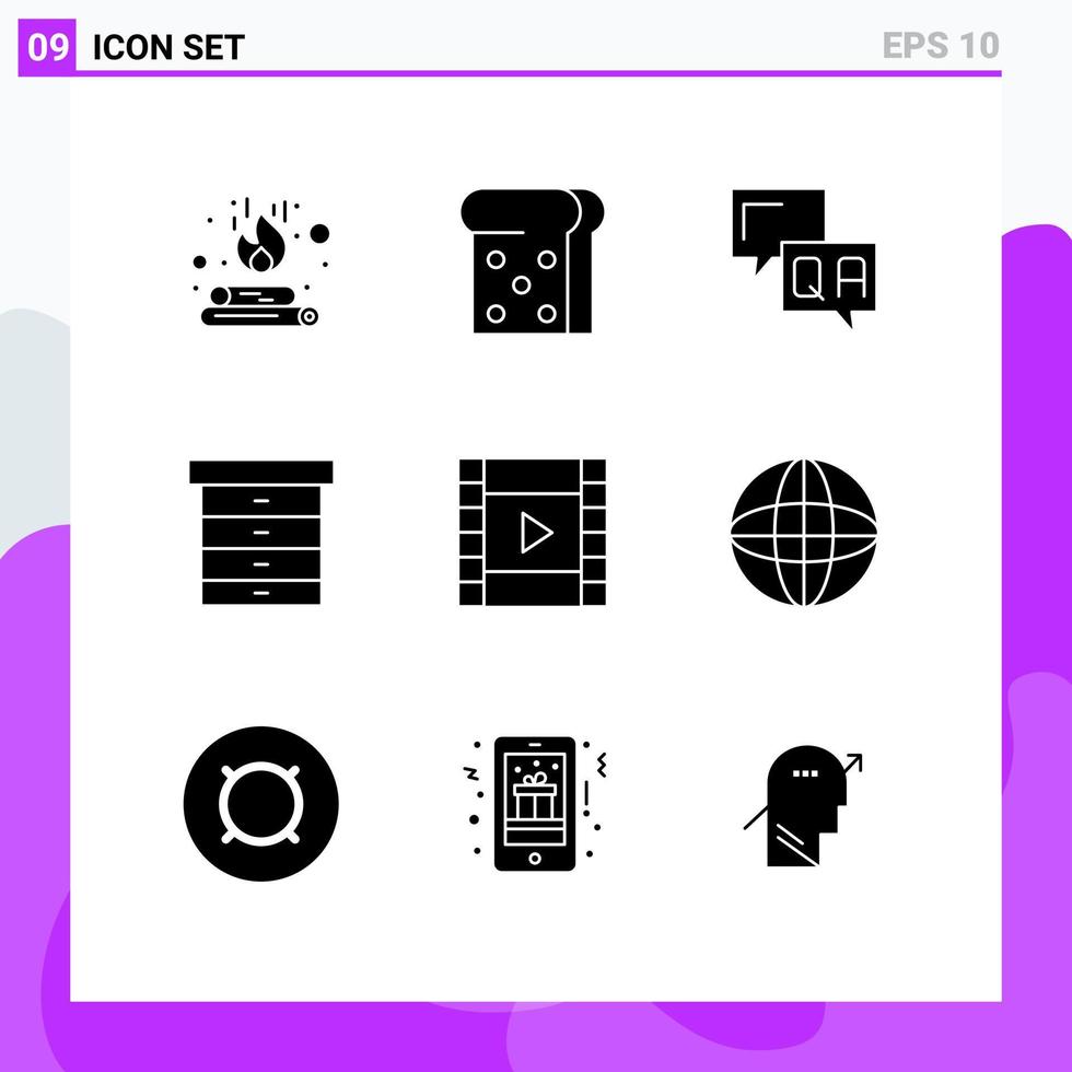 modern reeks van 9 solide glyphs pictogram van web Speel helpen media meubilair bewerkbare vector ontwerp elementen