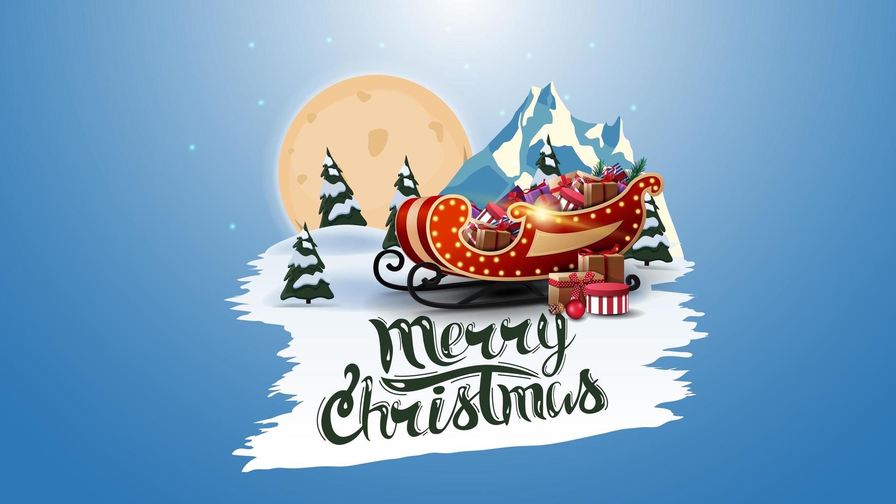 mmerry christmas, ansichtkaart met grote volle maan, dennenbos, berg en santa slee met cadeautjes. wit gescheurde banner vector