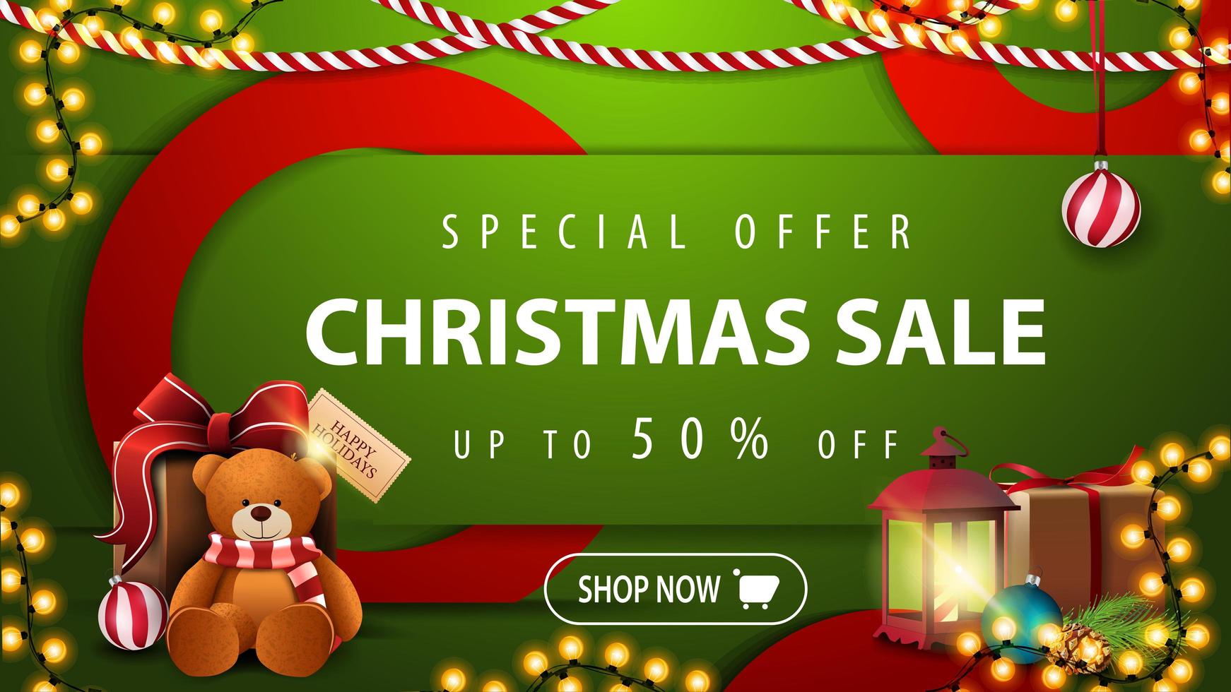 speciale aanbieding, kerstuitverkoop, tot 50 korting, groene heldere horizontale moderne webbanner met knop, grote rode cirkels, antieke lamp en cadeau met teddybeer vector