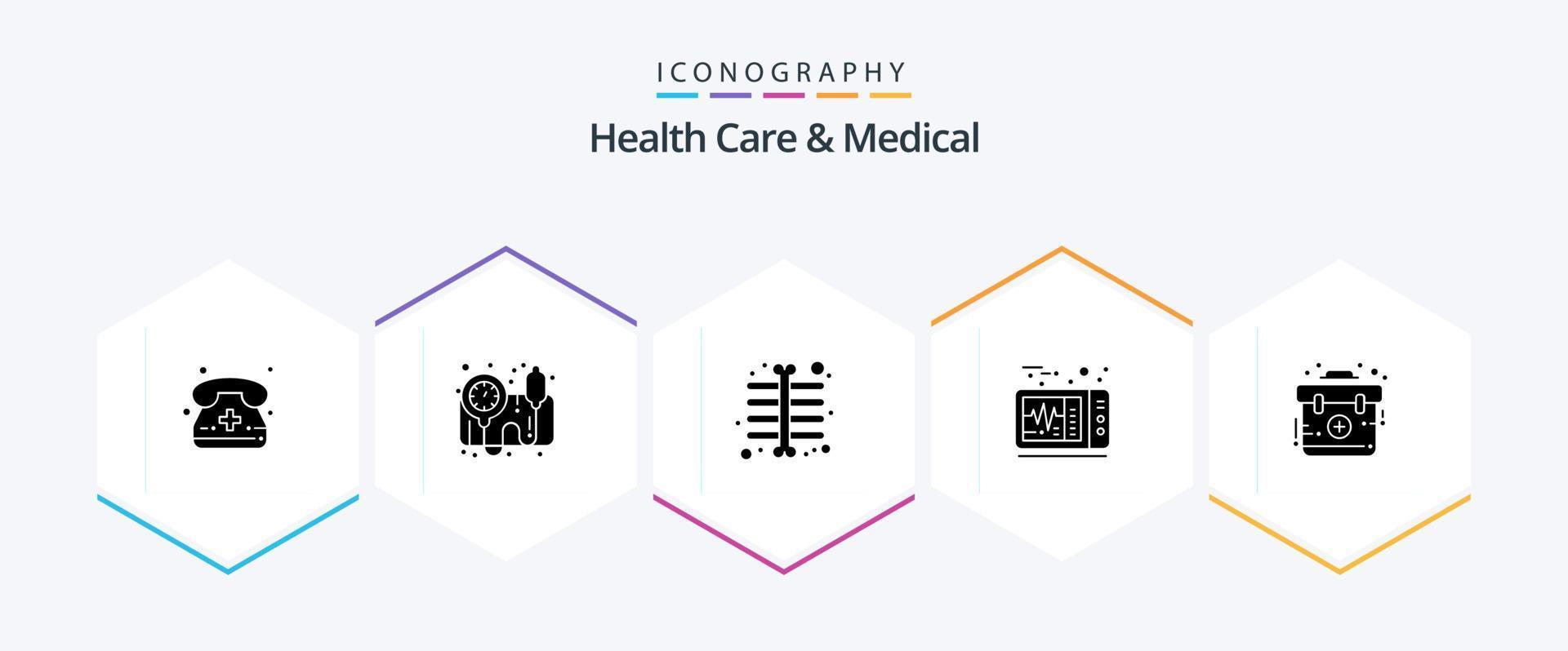 Gezondheid zorg en medisch 25 glyph icoon pak inclusief . eerst. straal. noodgeval. medisch vector