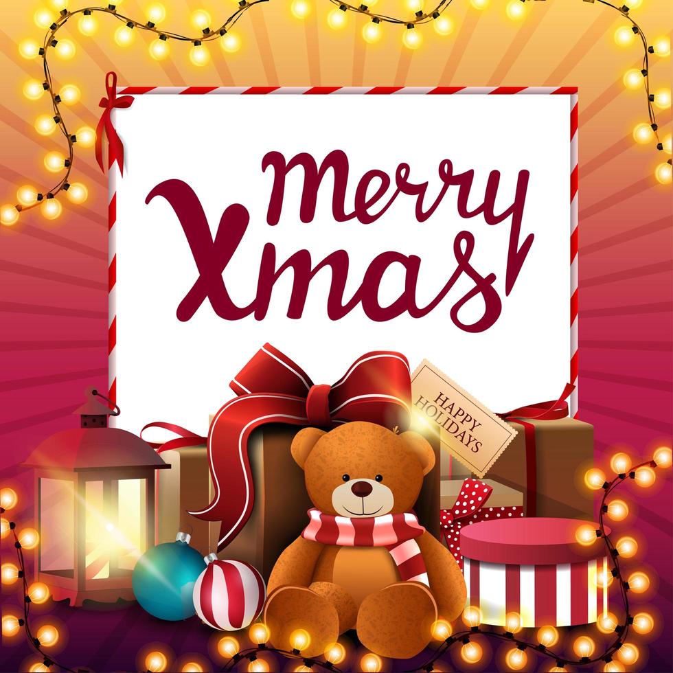 vrolijk kerstfeest, vierkante roze en gele kortingsbanner met kerstslinger, wit vel papier en meer cadeautjes vector
