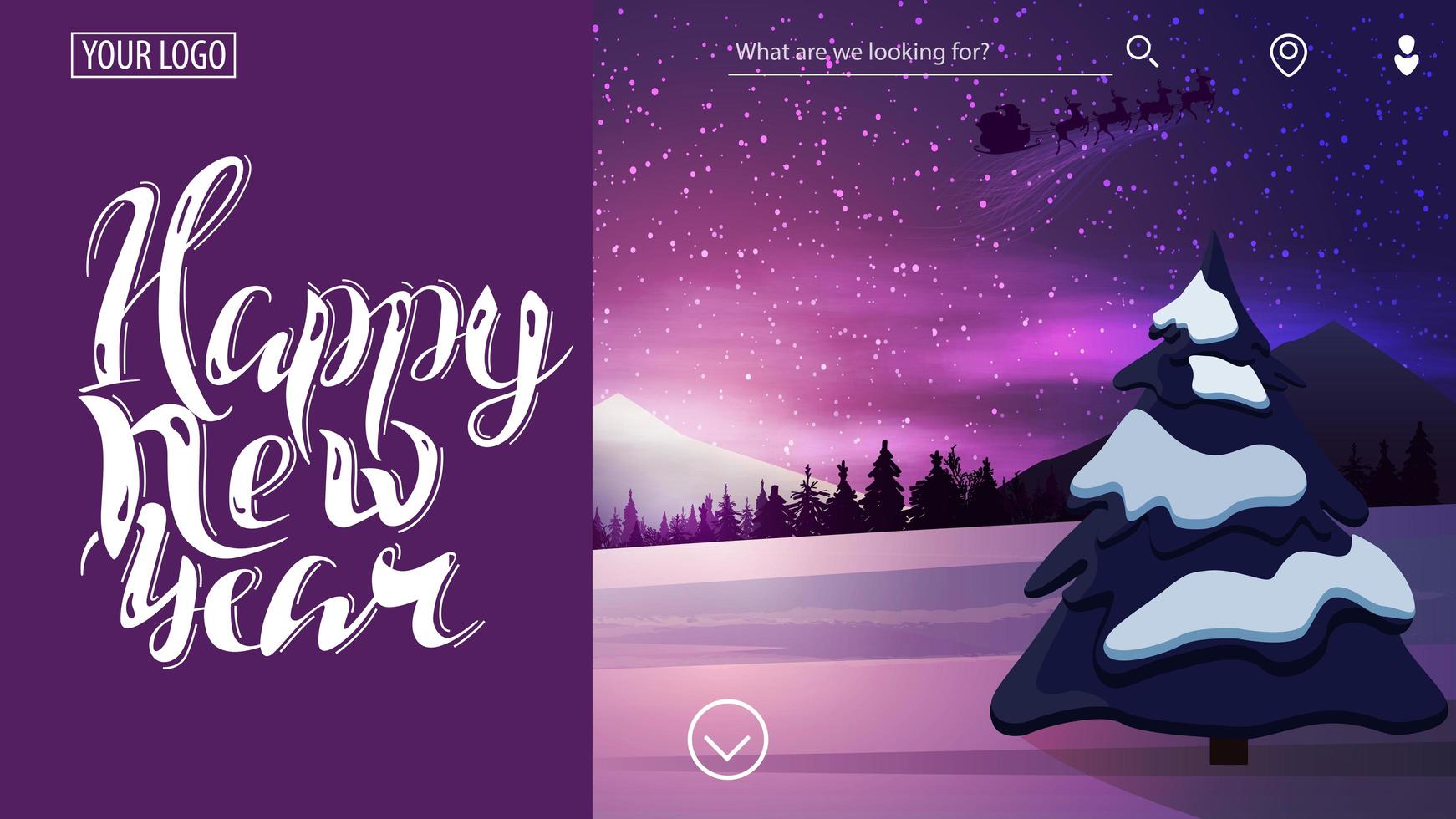 gelukkig nieuwjaar, mooie paarse kaart voor website met prachtig winterlandschap op achtergrond en blauw gordijn voor tekst vector