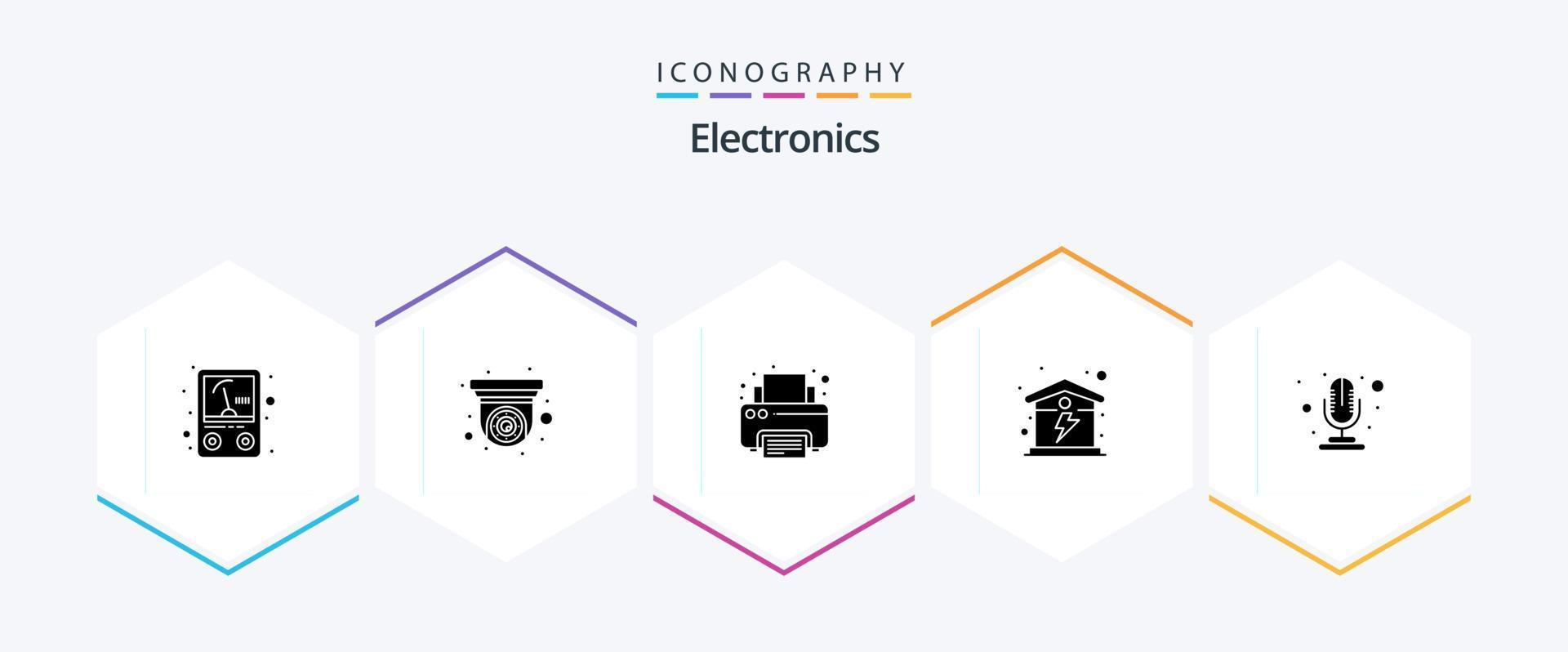 elektronica 25 glyph icoon pak inclusief dossier. microfoon. afdrukken. energie. huis vector