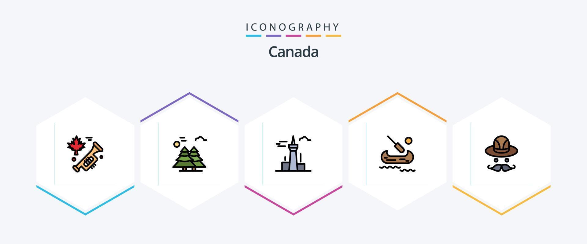 Canada 25 gevulde lijn icoon pak inclusief hoed. Canada. architectuur en stad. kajak. mijlpaal vector