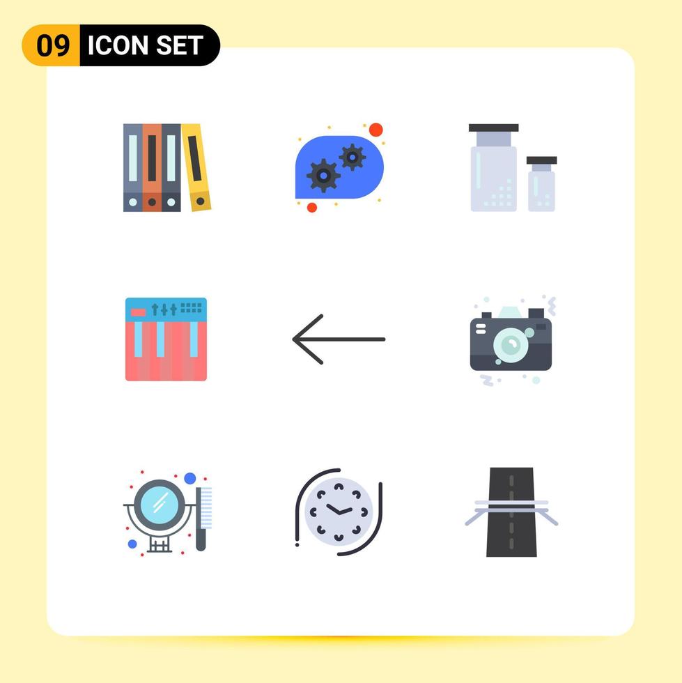 reeks van 9 vector vlak kleuren Aan rooster voor camera pijl ontwikkeling muziek- toetsenbord bewerkbare vector ontwerp elementen