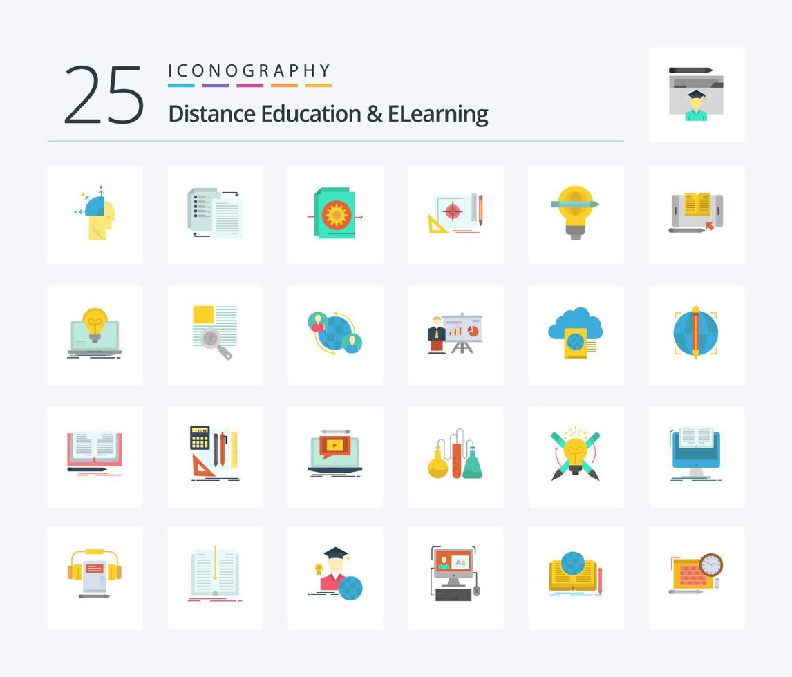 afstand onderwijs en elearning 25 vlak kleur icoon pak inclusief doelwit. het dossier doelwit. deel het. het dossier. instellingen vector