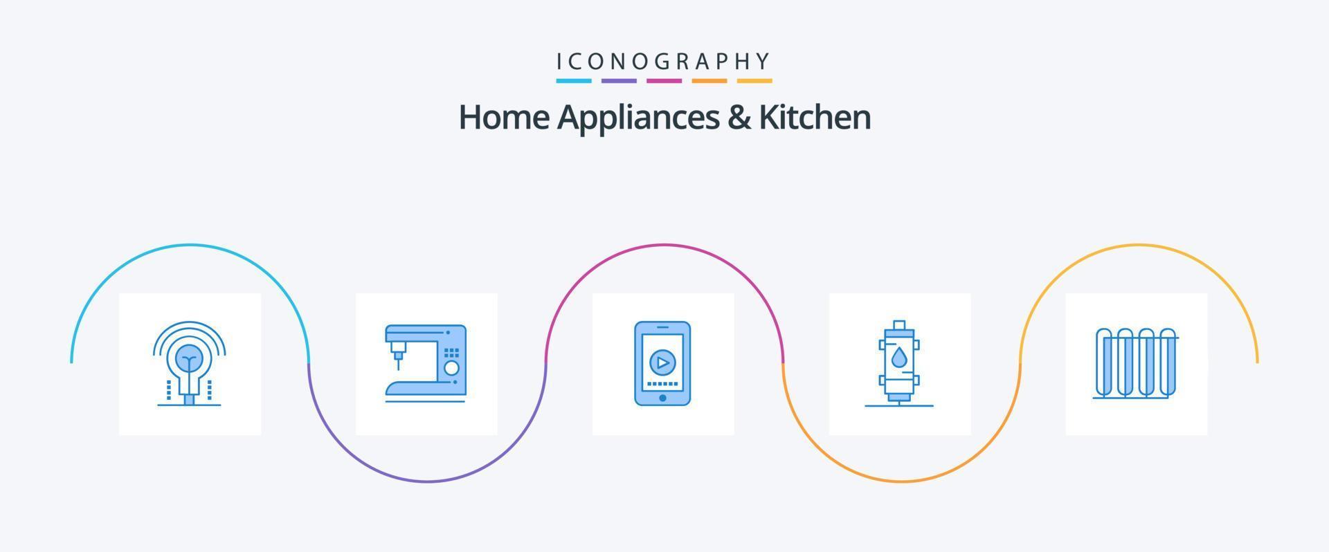 huis huishoudelijke apparaten en keuken blauw 5 icoon pak inclusief geiser. heet. telefoon. warmte. kachel vector