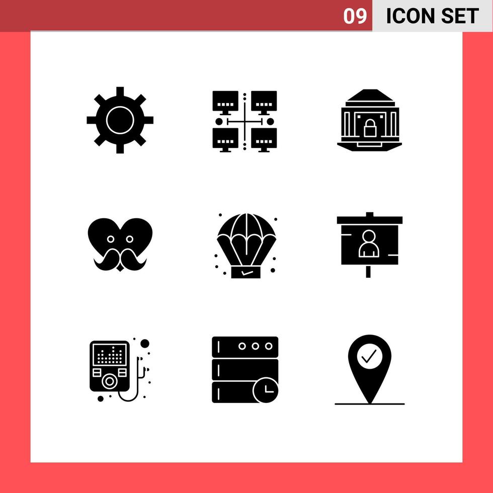 modern reeks van 9 solide glyphs pictogram van werkwijze liefde bank vaders dag vader bewerkbare vector ontwerp elementen