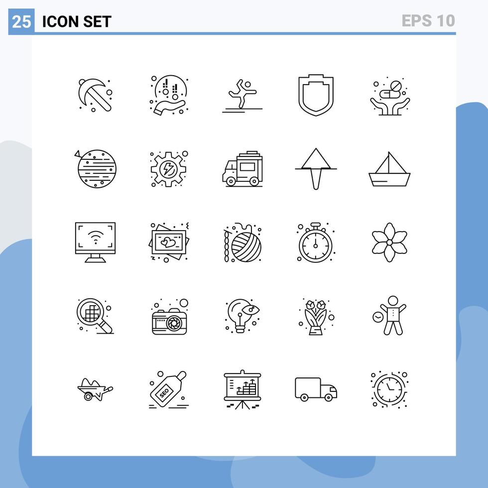 25 universeel lijnen reeks voor web en mobiel toepassingen pillen schild sponsoring veiligheid uitrekken bewerkbare vector ontwerp elementen