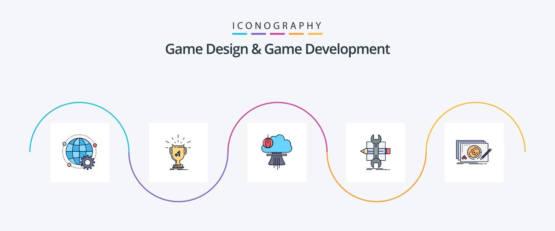 spel ontwerp en spel ontwikkeling lijn gevulde vlak 5 icoon pak inclusief ontwikkelen. bouwen. prijs. oorlog. nucleair vector