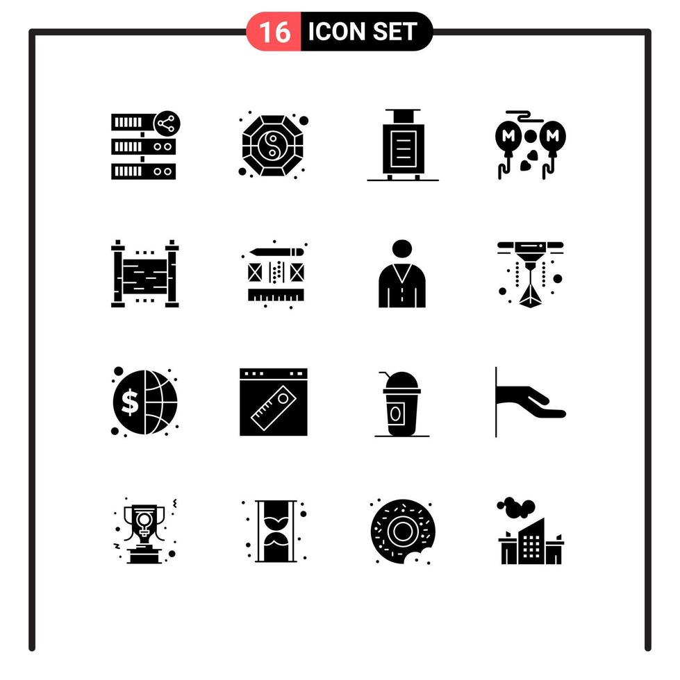 modern reeks van 16 solide glyphs pictogram van tuin vlieg ying liefde ballonnen bewerkbare vector ontwerp elementen