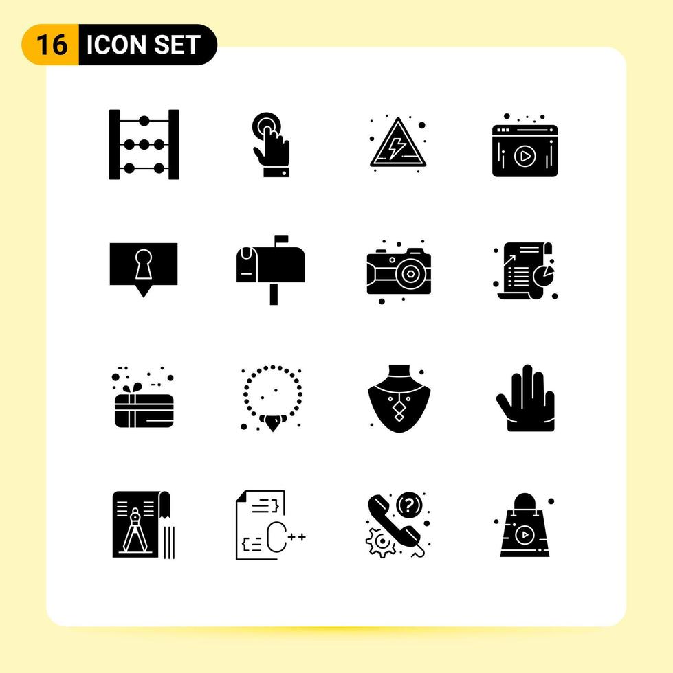 16 solide glyph concept voor websites mobiel en apps post geheim Gevaar privaat speler bewerkbare vector ontwerp elementen