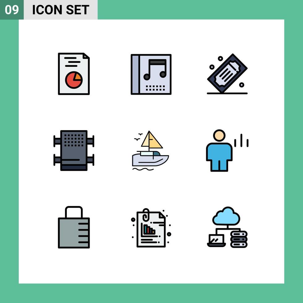 gevulde lijn vlak kleur pak van 9 universeel symbolen van vaartuig schip film kaartjes boot bad bewerkbare vector ontwerp elementen