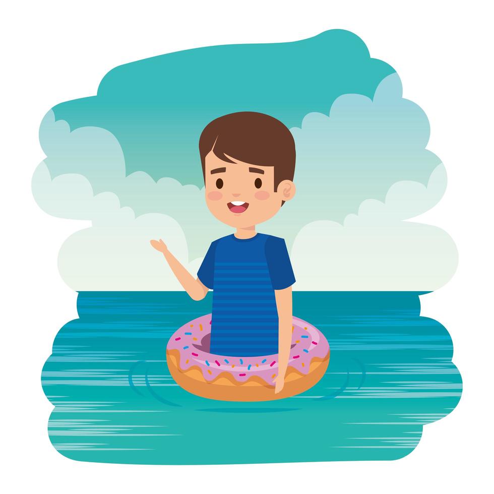schattige kleine jongen met shirt en donut drijven op de zee vector