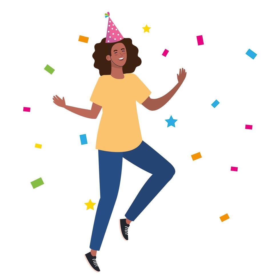 zwarte vrouw dansen met feestmuts en confetti vector ontwerp