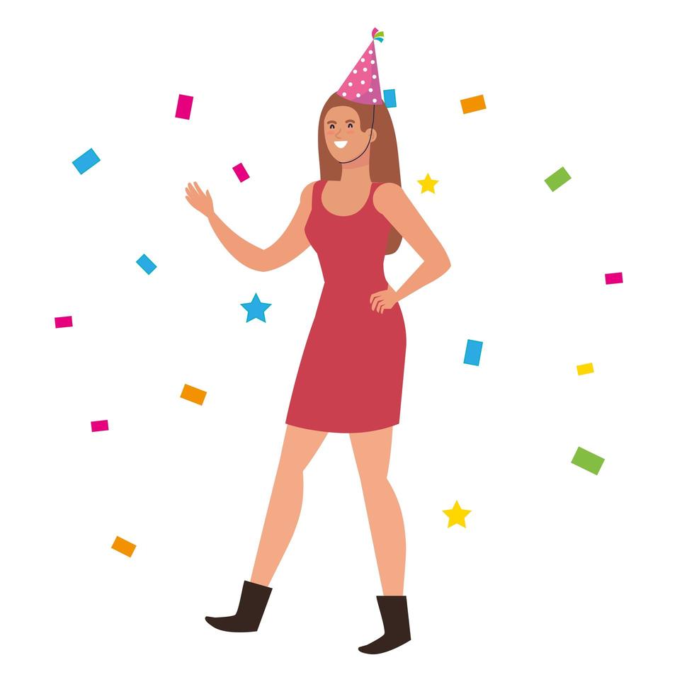 vrouw dansen met feestmuts jurk en confetti vector ontwerp