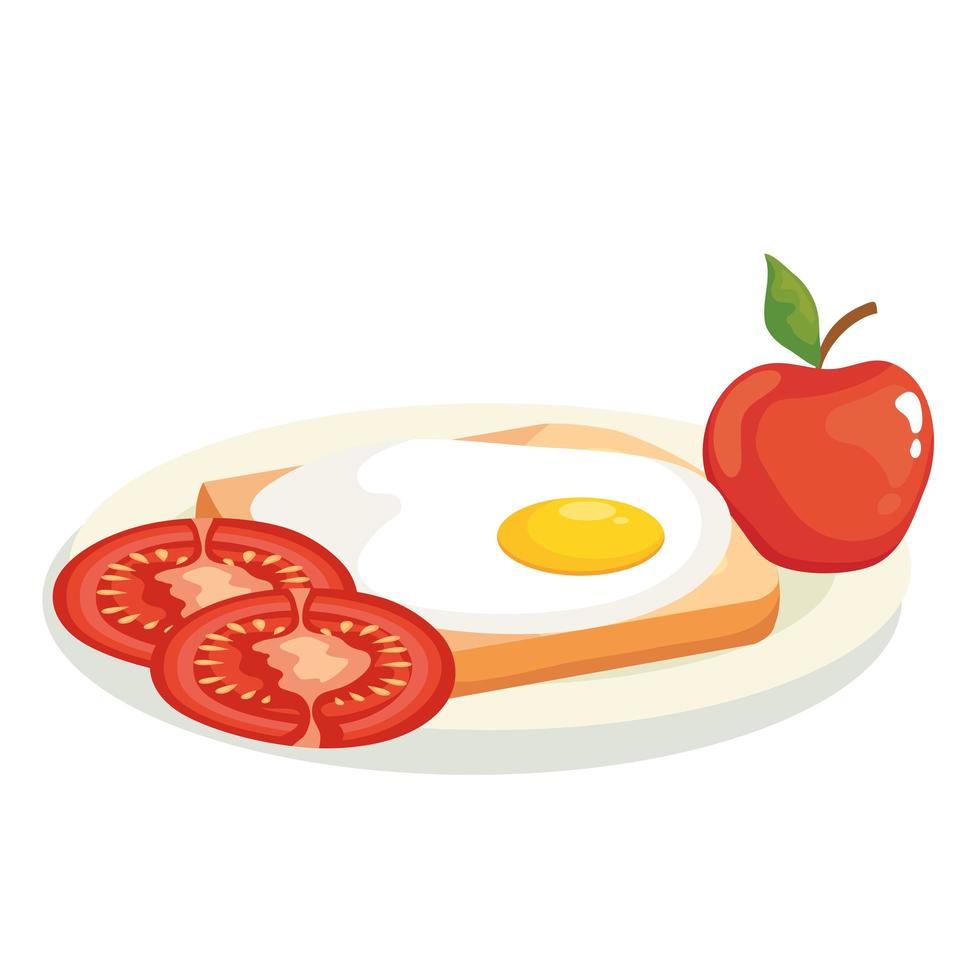 ontbijtei over toast met tomaten en appel vector ontwerp