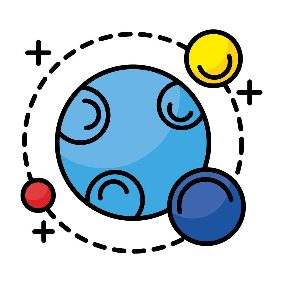 planeet met drie satellieten in een baan rond lijn en opvulstijlpictogram vector