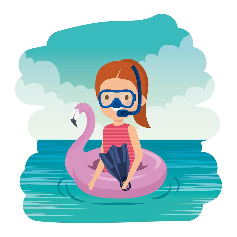 klein meisje met vlaamse vlotter en snorkelt op de zee vector