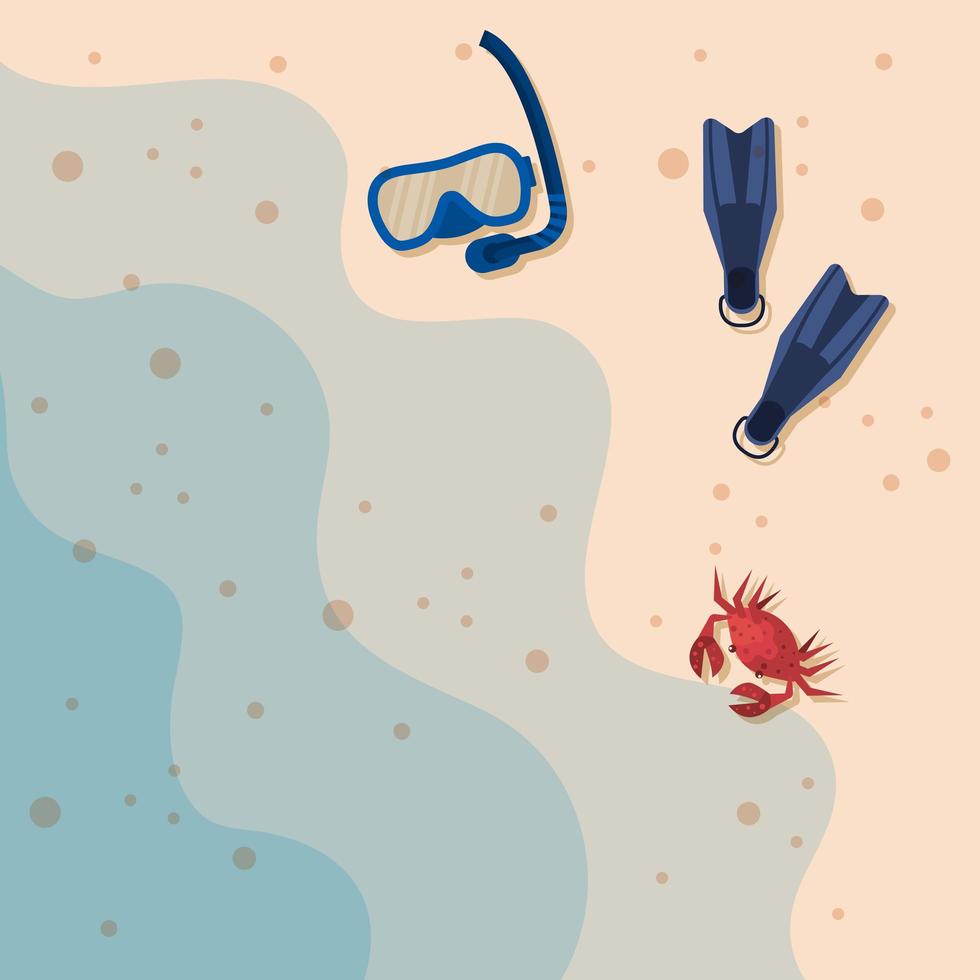 duikvinnen en snorkelen met krab op het strand vector