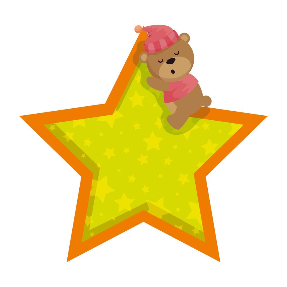 kleine beer teddy met hoed slapen in ster vector