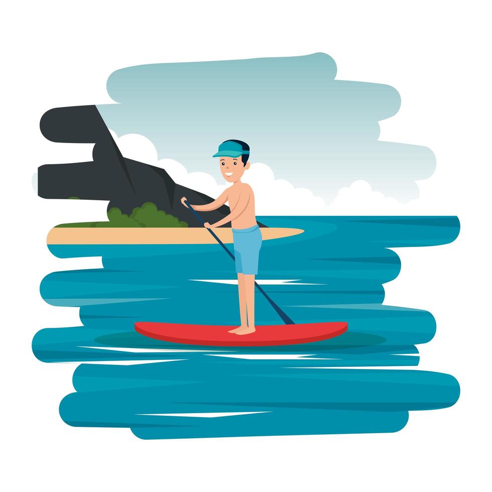 gelukkige atletische jongen die surfen in de zee beoefent vector