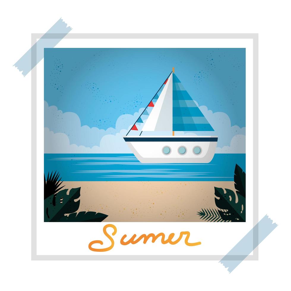 fotomomentopname met zomerstrand en zeilboot vector