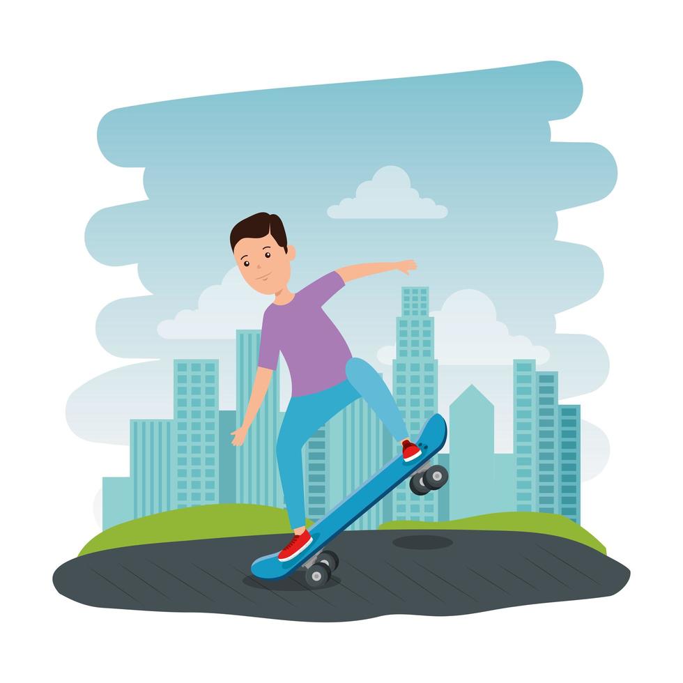 gelukkige jonge jongen in skateboard op de parkscène vector