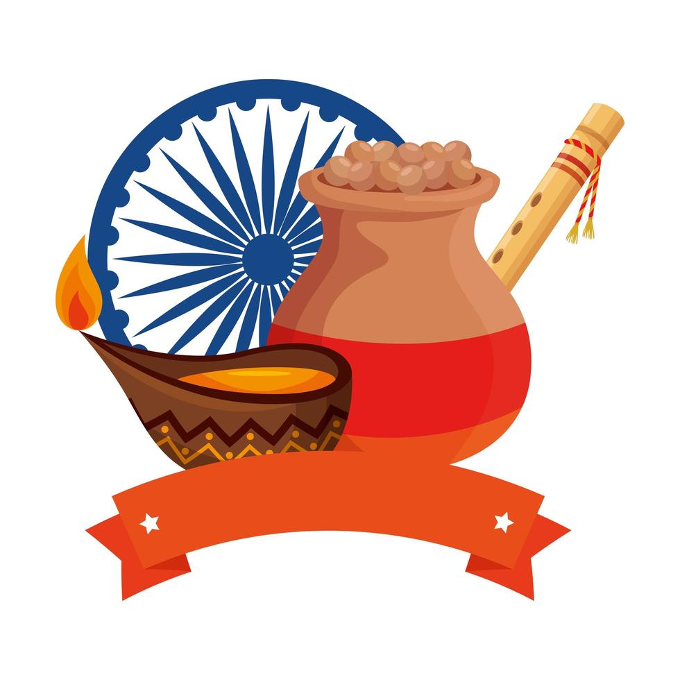 Indiase keramische pot met voedsel en decoratieve pictogrammen vector
