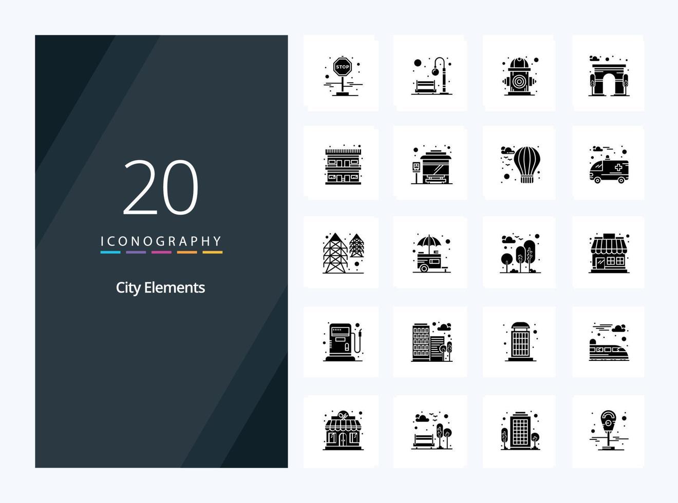 20 stad elementen solide glyph icoon voor presentatie vector