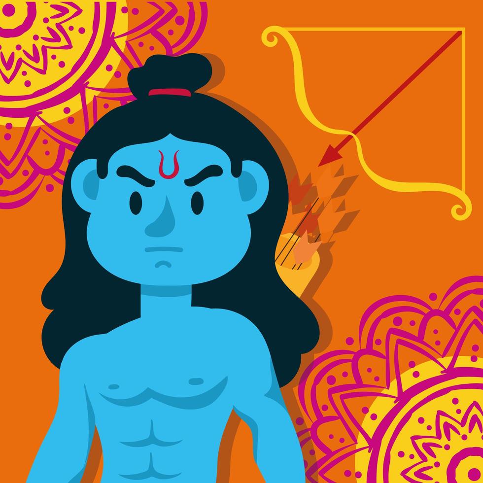gelukkige dussehra-viering met het blauwe karakter van Lord Rama op oranje achtergrond vector