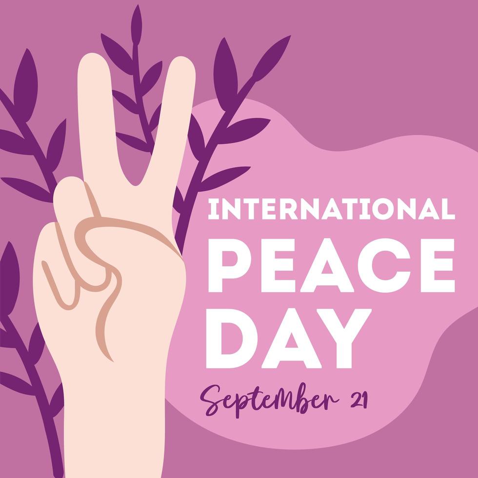 internationale dag van vrede belettering met hand vredesteken vector