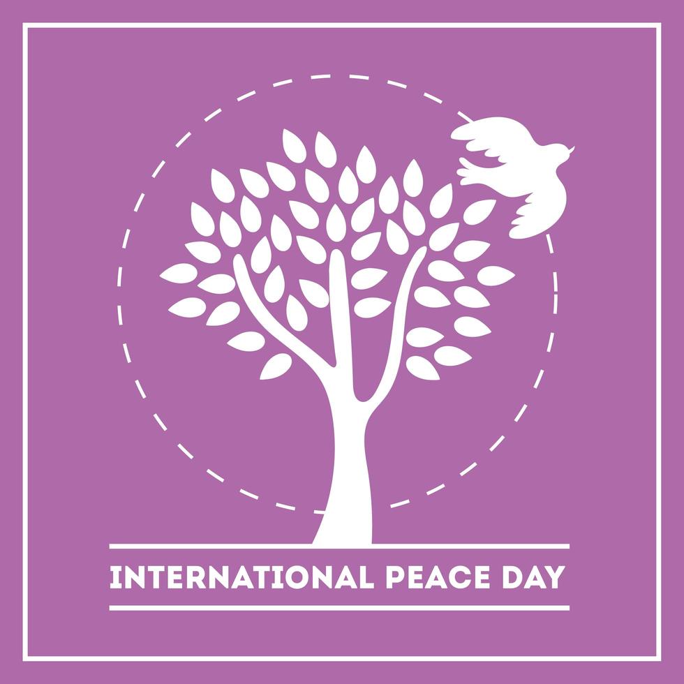 internationale dag van vrede belettering met duif en boom silhouet vector