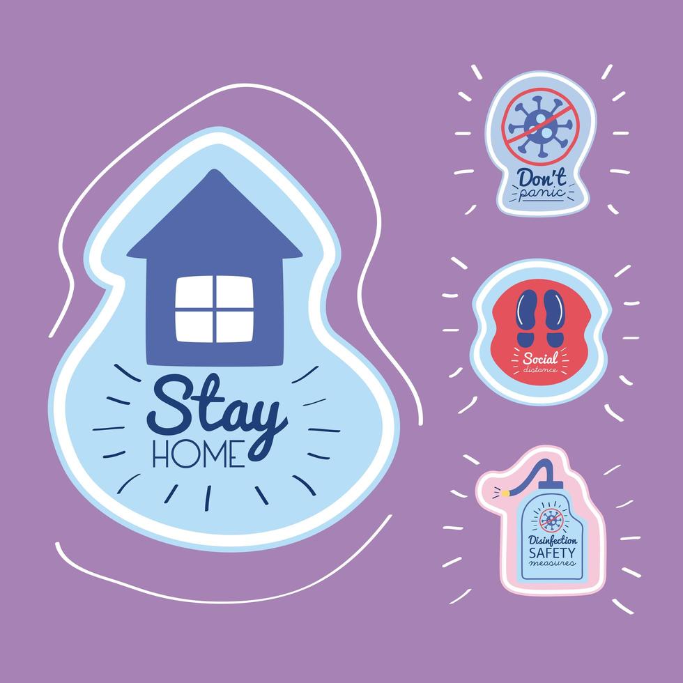 blijf thuis belettering campagne met huis en icon set vector