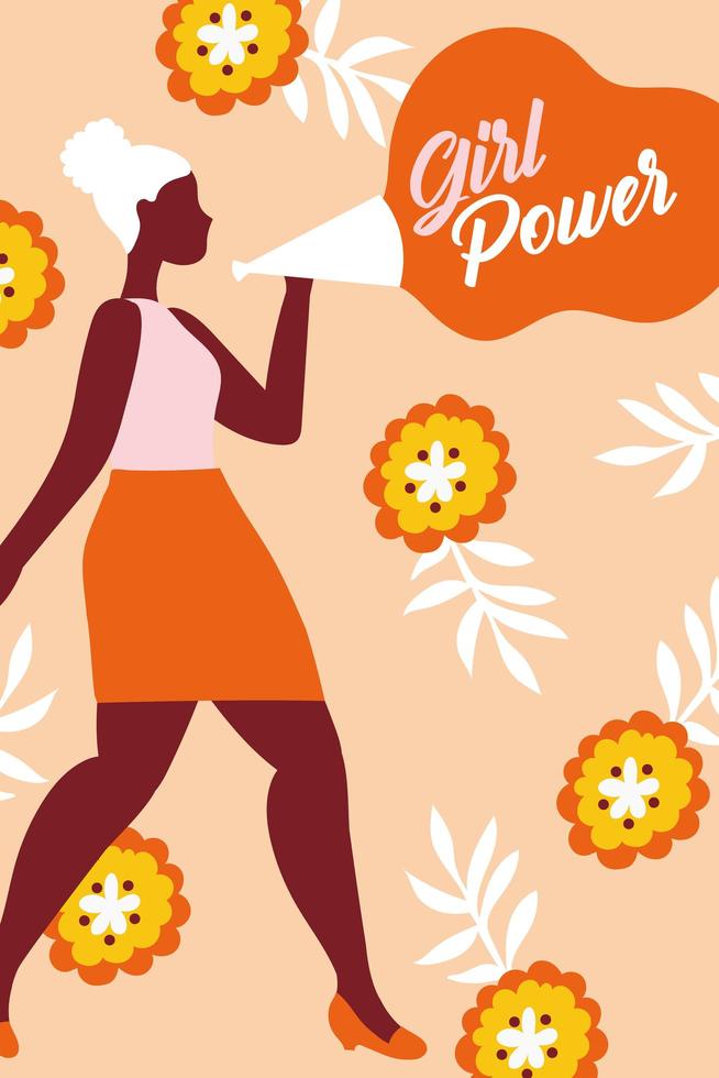 girl power poster met afro vrouw met megafoon en bloemen vector