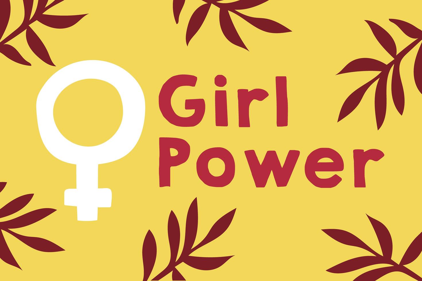 girl power belettering poster met vrouwelijk geslacht symbool en bladeren vector