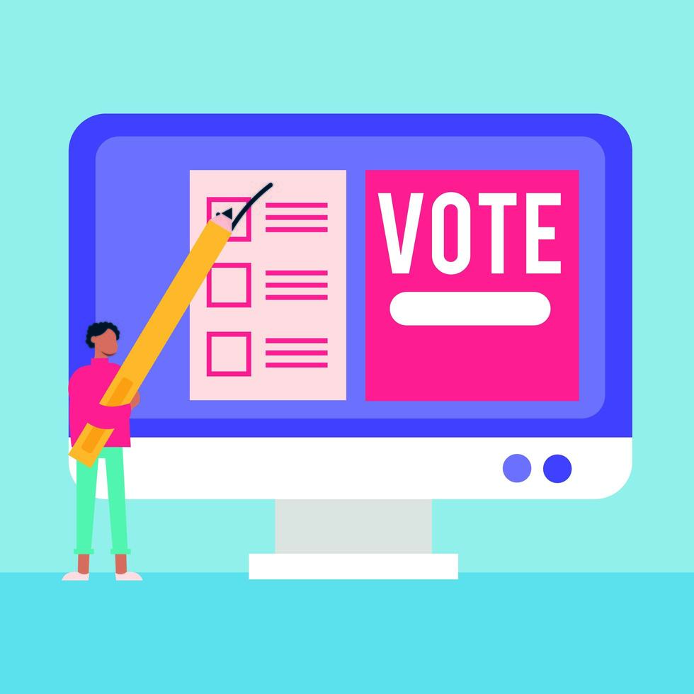 verkiezingsdag democratie met mannelijke kiezer en potlood op desktop vector
