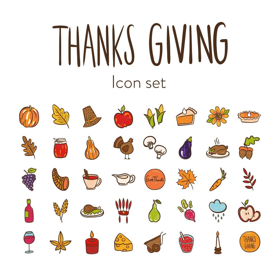 bundel van veertig thanksgiving day iconen vector