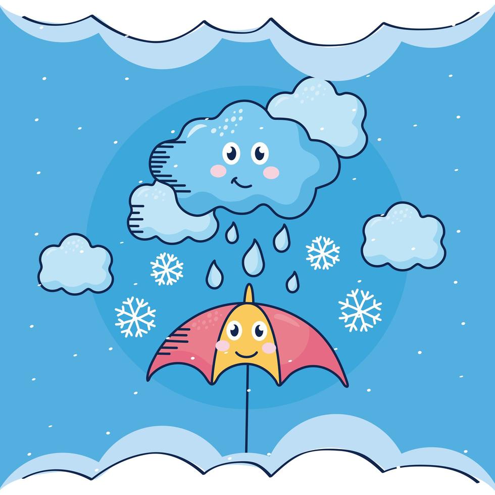 paraplu met wolk regenachtig kawaii weer komisch karakter vector